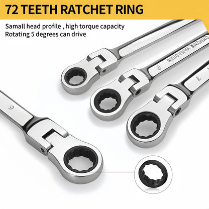 CR-V Flex Head Ratchet Wrench Set 5-Piece – 2-in-1 Reversible Open End & Hex Socket Dual-Purpose Kit | Automotive Engine Bay, Plumbing
