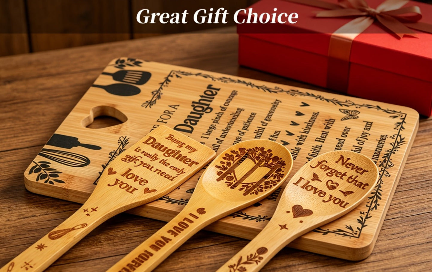 Engraved Bamboo Cutting Board Gift Set for Daughter, Recipe for a Special Daughter Kitchen Utensil Set