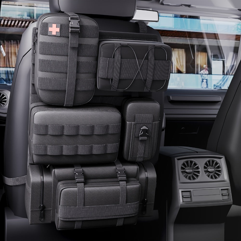 Tactical Car Seat Organizer – MOLLE Nylon Seat Back Storage Bag with 5 Pockets, Front & Rear Seat Protector for Jeep, Truck