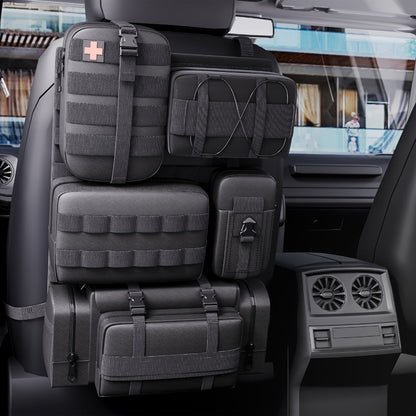 Tactical Car Seat Organizer – MOLLE Nylon Seat Back Storage Bag with 5 Pockets, Front & Rear Seat Protector for Jeep, Truck