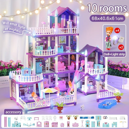 LED Dollhouse Playset for Girls, Purple Multi-Room Playhouse with Doll Figures, Puppies, Furniture & LED Lighting