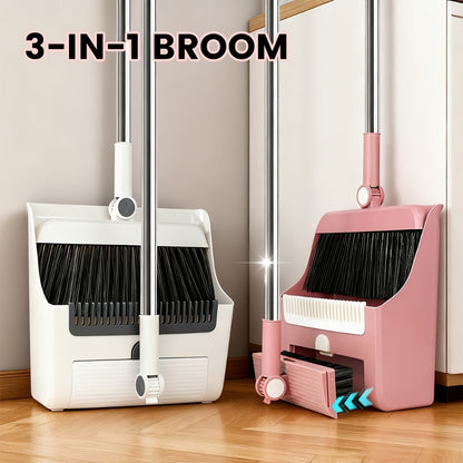 Broom and Dustpan Set 3-in-1 with Wiper – Non-Stick Hair Sweeper Household Floor Broom Combo for Indoor Outdoor Use
