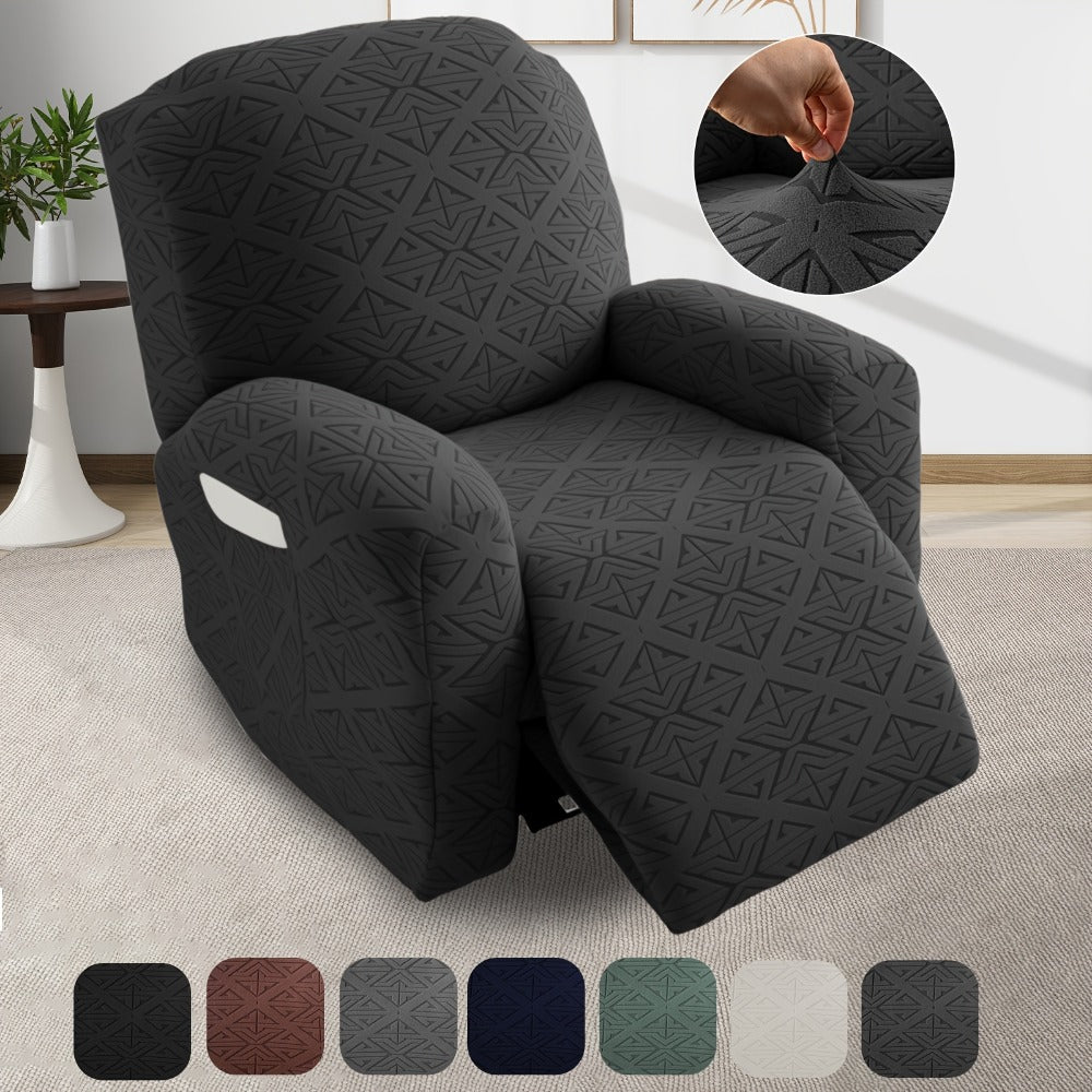 Four-Piece Geometric Jacquard Recliner Chair Cover Set with Labeled Left, Right, Back and Front Sections