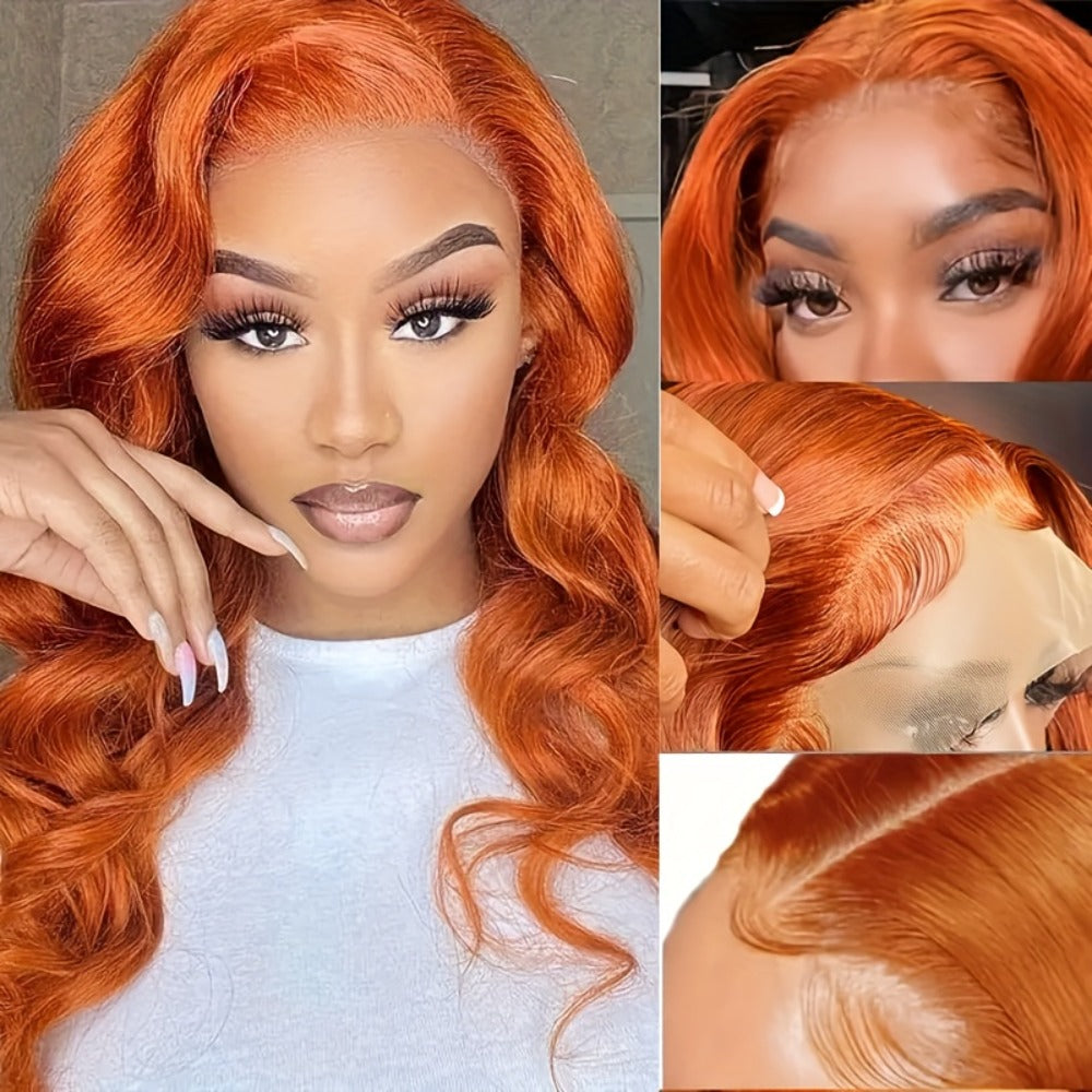 Lace Front Wig Ginger-Orange Body Wave Human Hair, 14- or 20-Inch Style with 4x4 Closure and 150% Density