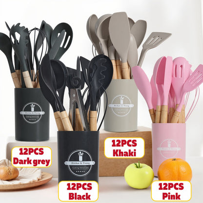 Silicone Kitchen Utensil Set 12PCS with Wooden Handle – Heat Resistant Non-Stick Safe for Home Cooking, Dining and Outdoor Meals