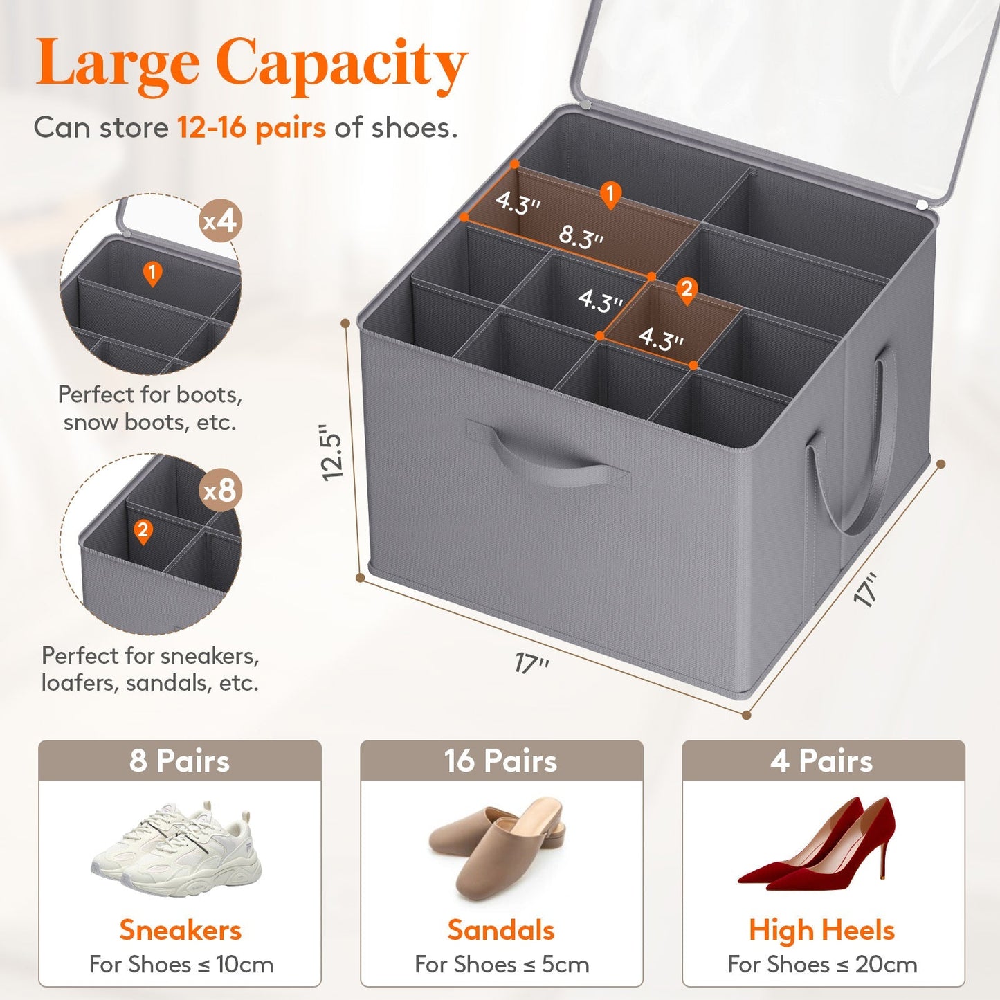 Shoe Storage Organizer with Clear Cover – Foldable Shoe Box for Closet, Fits 12-16 Pairs, Reinforced Handles, Dust-Proof Non-Woven Fabric