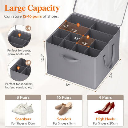 Shoe Storage Organizer with Clear Cover – Foldable Shoe Box for Closet, Fits 12-16 Pairs, Reinforced Handles, Dust-Proof Non-Woven Fabric