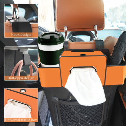 Compact Headrest-Hanging Car Organizer with Two Cup Pockets, Tissue Opening, Hooks and Five Pack Options