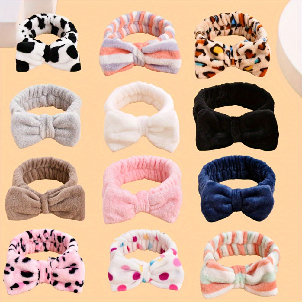 Bow Skincare Headbands for Women 6 Pack Patterned Soft Fabric Elastic Hair Bands for Makeup Spa Shower Face Washing Skincare Routine Beauty