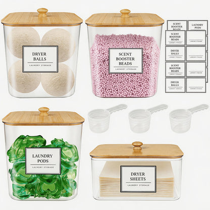 Laundry Pods Container & Dryer Sheet Holder Set with Bamboo Lids, Clear Laundry Room Organization Containers for Scent Booster, Powder
