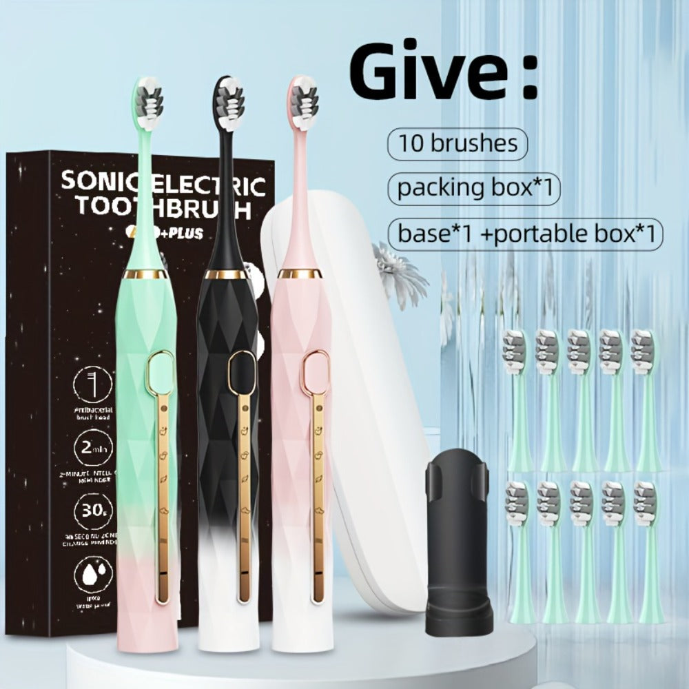 IPX8 Sonic Electric Toothbrush with 8 Replacement Brush Heads – Metal Shaft, USB Rechargeable 500mAh, Travel Case & Holder