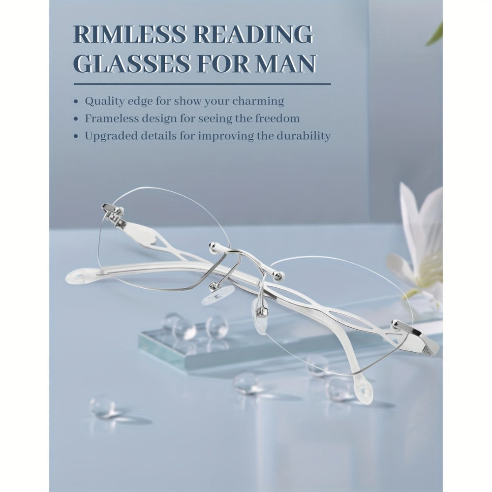Reading Glasses – Three-Pair Rimless Metal Readers in Multiple Colors and Strengths with Multiple Strength and Color Options