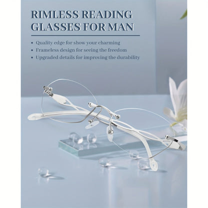 Reading Glasses – Three-Pair Rimless Metal Readers in Multiple Colors and Strengths with Multiple Strength and Color Options