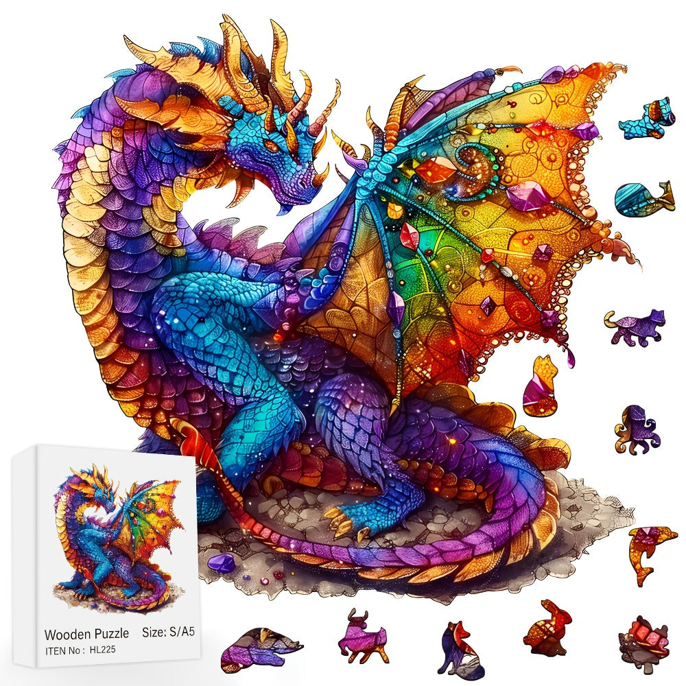 Dragon Wooden Jigsaw Puzzle Gemstone Fantasy – Colorful Irregular Animal Shaped Pieces, Unique Non-Repetitive Plywood Brain Teaser
