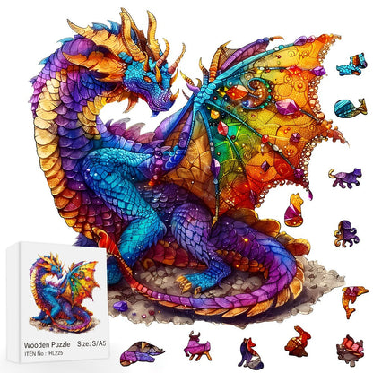 Dragon Wooden Jigsaw Puzzle Gemstone Fantasy – Colorful Irregular Animal Shaped Pieces, Unique Non-Repetitive Plywood Brain Teaser