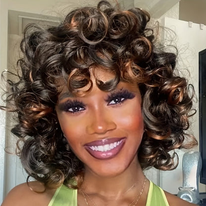 Synthetic Wig 14-Inch Kinky Curly Afro with Bangs in Black, Black-Brown or Golden 33/27 for Daily Style