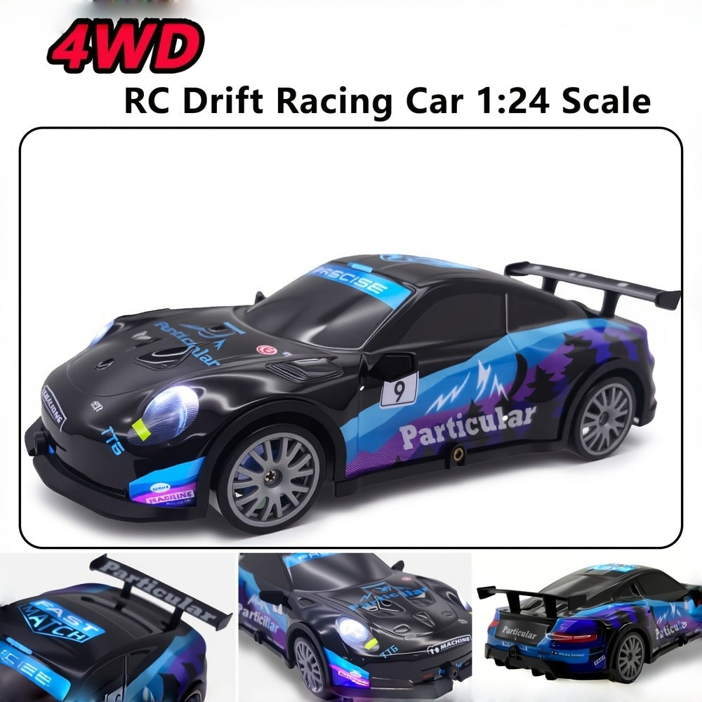 Alloy RC Drift Car 1:24 Scale 4WD 28KM/H with Drift Tires LED Lights Barricades & 2 Batteries