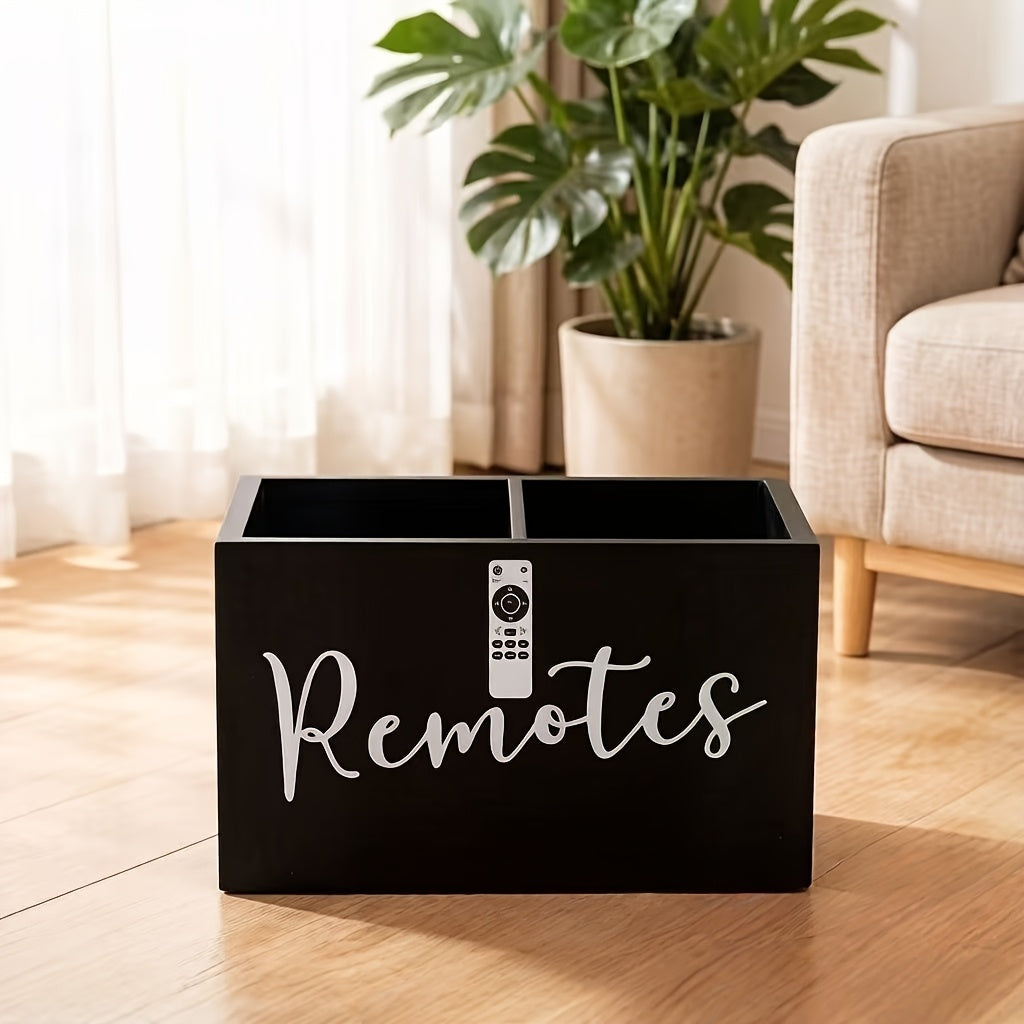 Black Wooden Remote Control Holder with Multi-Compartment Layout and 6 x 4 x 4-Inch Checkout Size