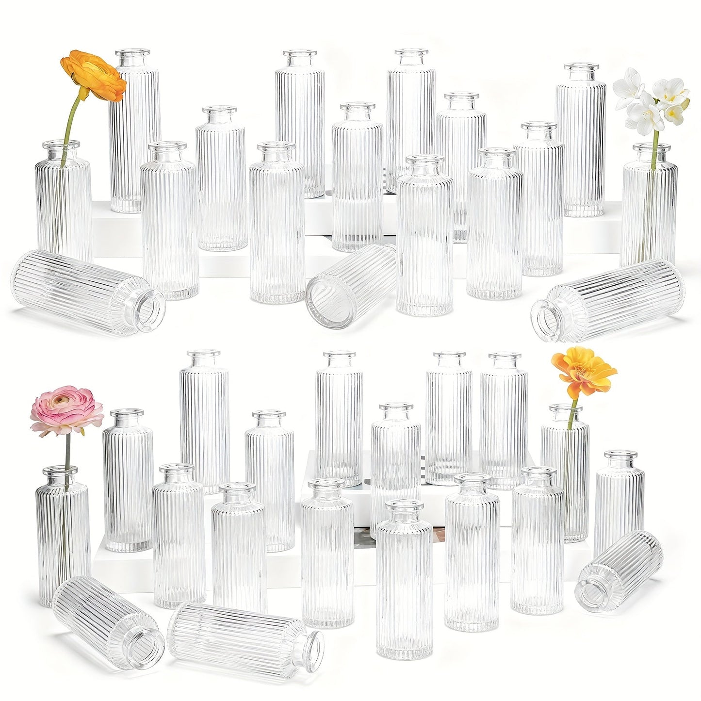 Mini Bud Vases Set – Modern Striped Clear Glass Flower Vases for Wedding Centerpieces, Birthday Party, Anniversary, Home Table Decor