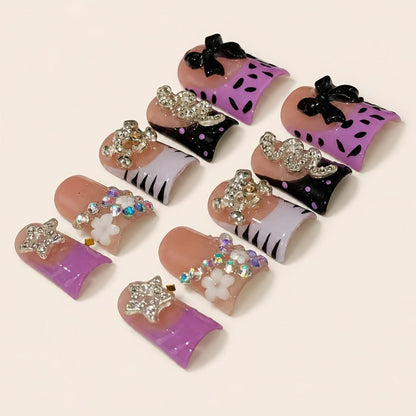 Press On Nails 10-Piece Handmade Short Duckbill Leopard Skull Rhinestone Acrylic Set with Tools