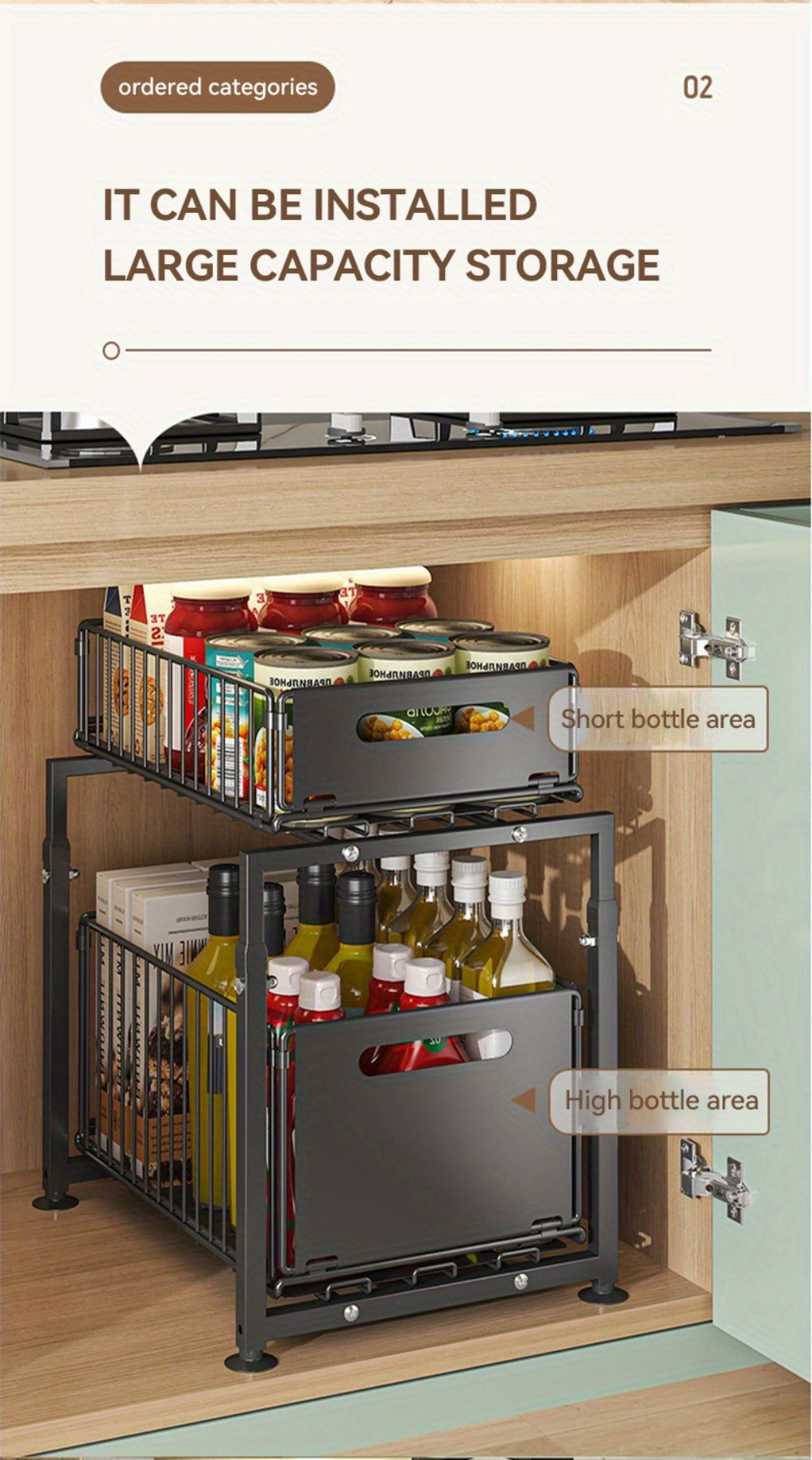 Under Sink Storage Organizer 2-Tier Metal Slide-Out Shelf for Kitchen or Bathroom Cabinet Use