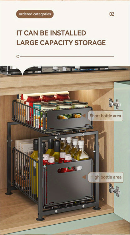 Under Sink Storage Organizer 2-Tier Metal Slide-Out Shelf for Kitchen or Bathroom Cabinet Use