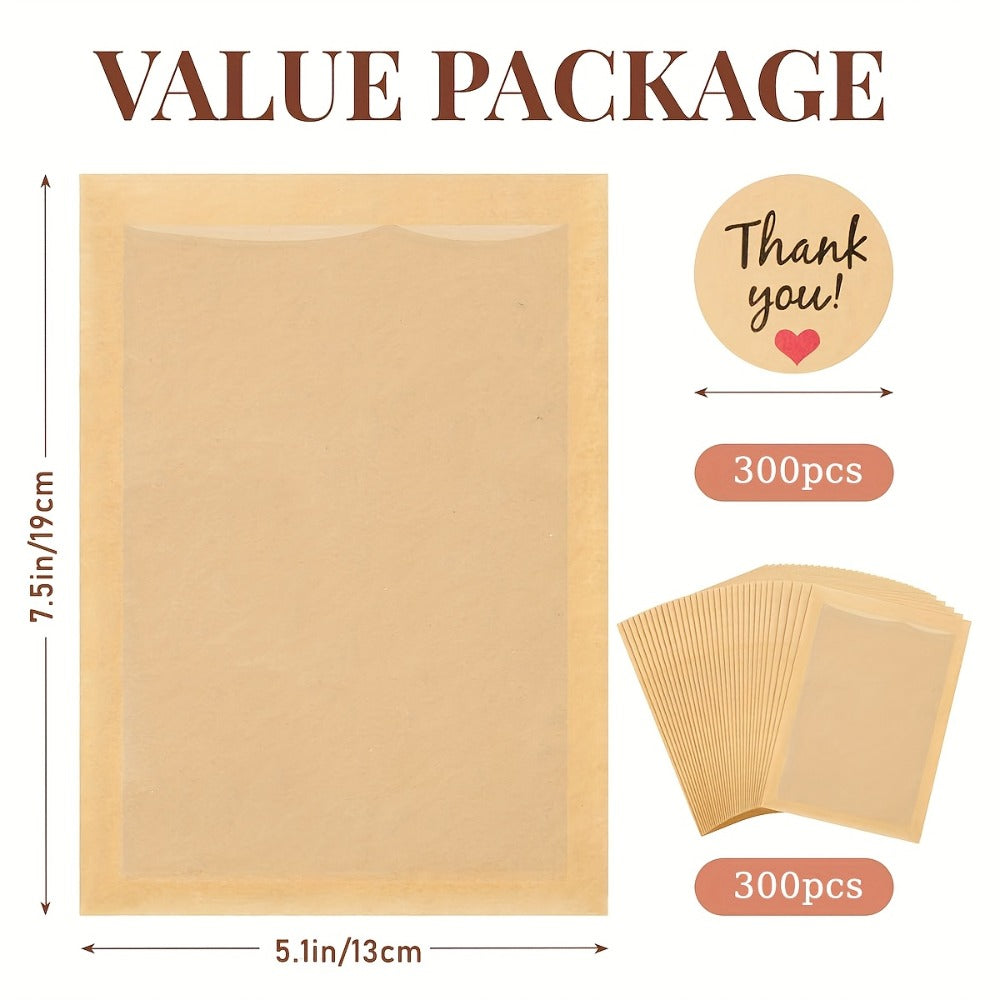 Cookie Bags with Window 300pcs Kraft Paper Bags with Thank You Stickers Grease Resistant for Entryways, Bedrooms and Living Spaces