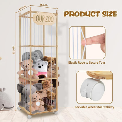Stuffed Animal Storage Tower Wooden Zoo Cage Design Large Plush Toy Organizer Holder for Kids for Entryways, Bedrooms and Living Spaces