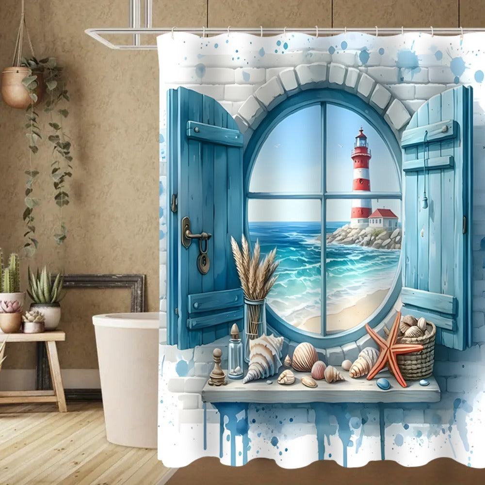 Lighthouse Ocean View Shower Curtain with Single-Curtain or Four-Piece Bathroom Set Checkout Options