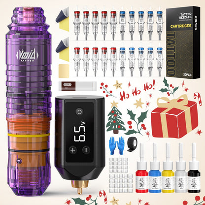 Tattoo Machine Kit VOID WTK421 or WTK422 Cordless Rotary Pen with USB-C, 20 Cartridges, 5 Inks and Practice Supplies