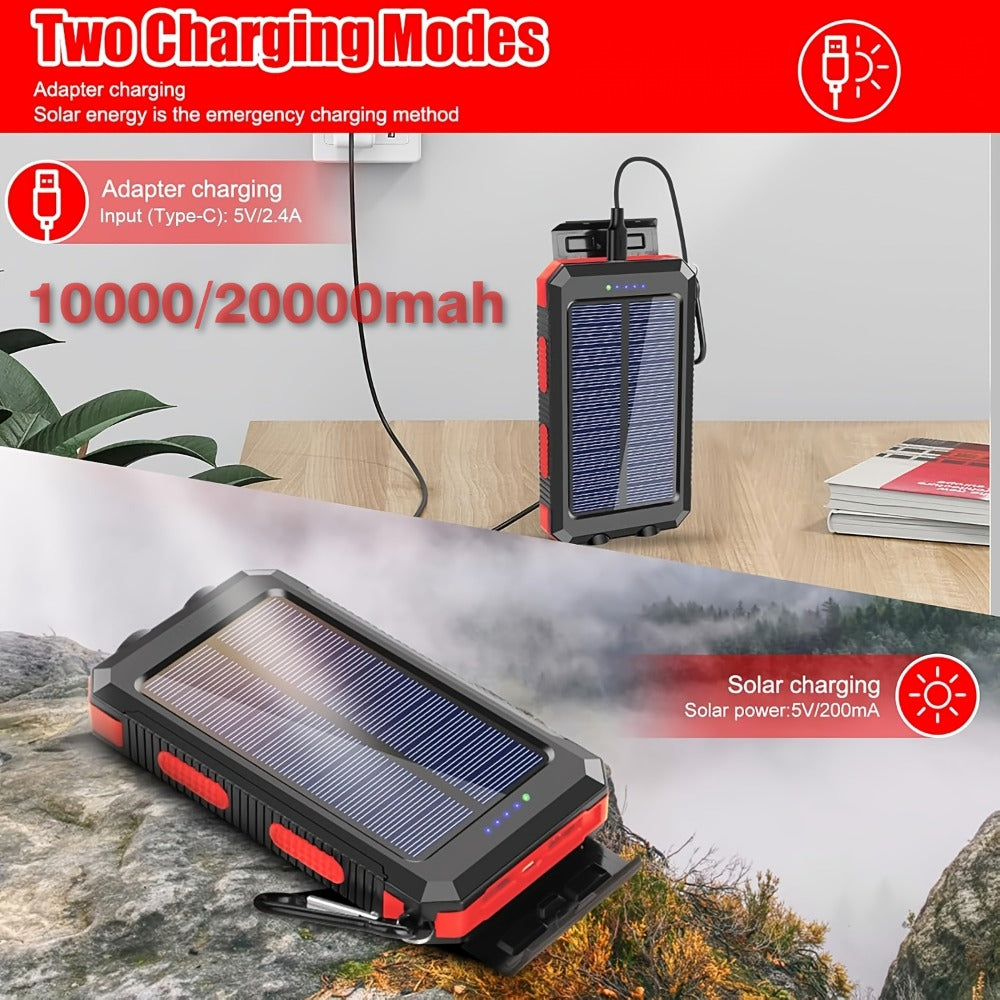 Solar Power Bank 20000mAh Outdoor Portable Charger with LED Flashlight SOS Compass & Carabiner Hook