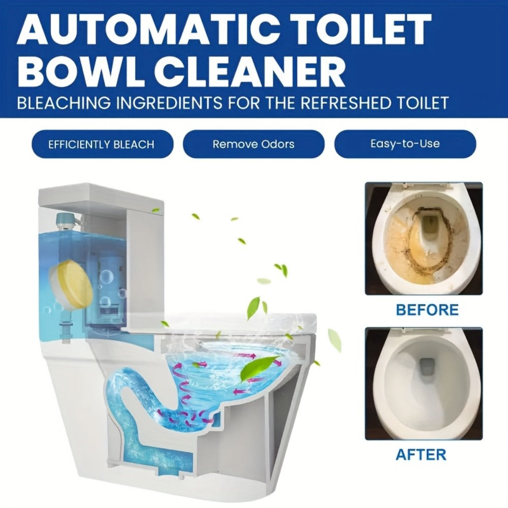 Yellow Toilet Bowl Cleaner Tablets with Lemon Graphics and 24-Piece Box Option in Pictured 10 x 14 cm Package