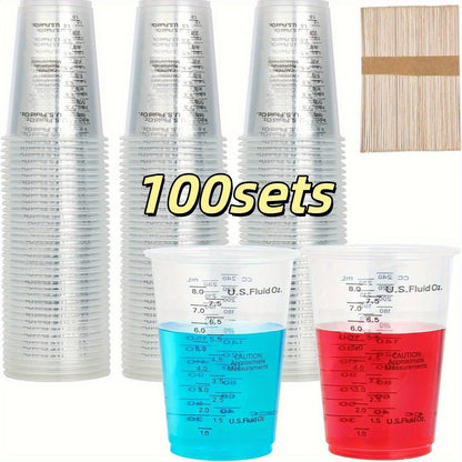 Plastic Measuring Cups with Wooden Sticks 100 Sets Clear Graduated Mixing Cups oz/ml/cc for Resin
