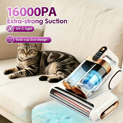 Mattress Vacuum Cleaner Handheld 16kPa Suction with UV Lamp & 80000RPM Soundwave Technology – Portable Dual Cup Bed Vacuum for Dust Mites