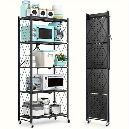 Rolling Foldable Metal Storage Shelf with Three-, Four- or Five-Tier Options in Black or White