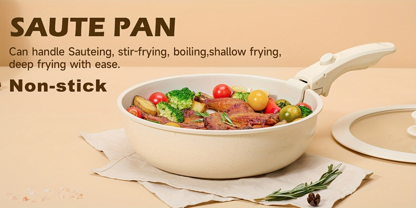Cookware Set A Dinnerware 16- or 26-Piece Detachable-Handle Pots and Pans in Black or Beige for Compact Storage