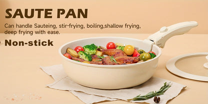 Cookware Set A Dinnerware 16- or 26-Piece Detachable-Handle Pots and Pans in Black or Beige for Compact Storage