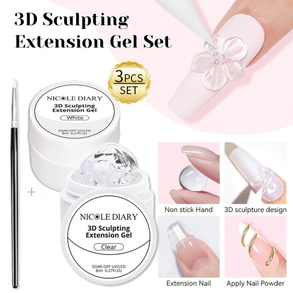 3D Sculpting Builder Gel Kit with Carving Pen – Clear & White Nail Extension Gel for Floral Nail Art, Acrylic Extensions & DIY Salon
