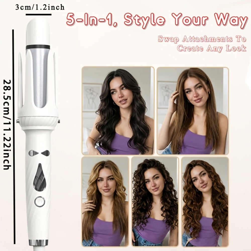 5-in-1 Hair Styler Set with Interchangeable Curling Wand & Straightening Brush - Multi Barrel Curling Iron Kit for Waves