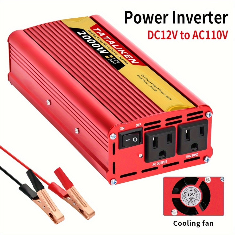 Red 2000W-Labeled Car Power Inverter with 12V Battery Clamp Leads, 110V AC Outlets and Cooling Fan