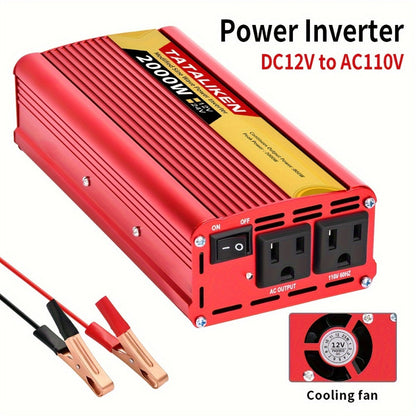 Red 2000W-Labeled Car Power Inverter with 12V Battery Clamp Leads, 110V AC Outlets and Cooling Fan