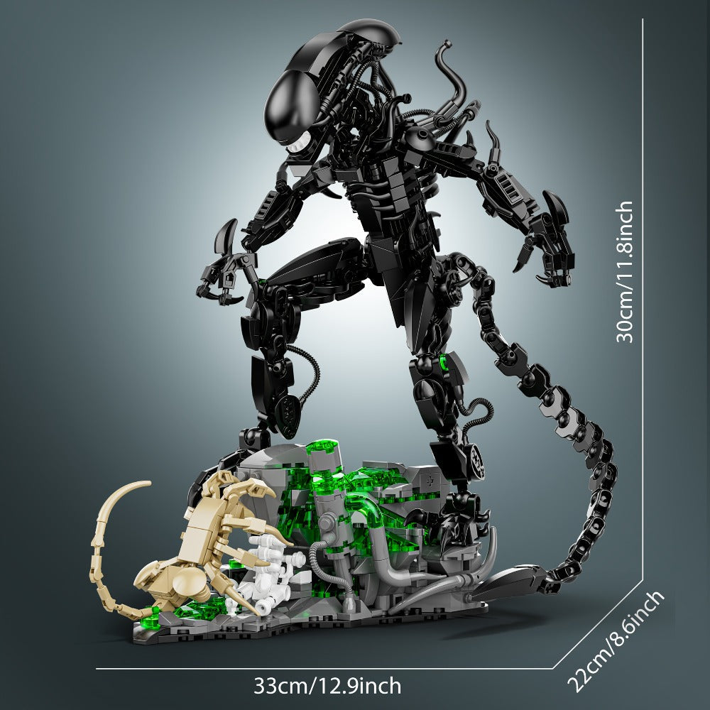 Building Block Set Alien Beast with 958 Pieces, Articulated Black Figure, Scene Base and Long Tail