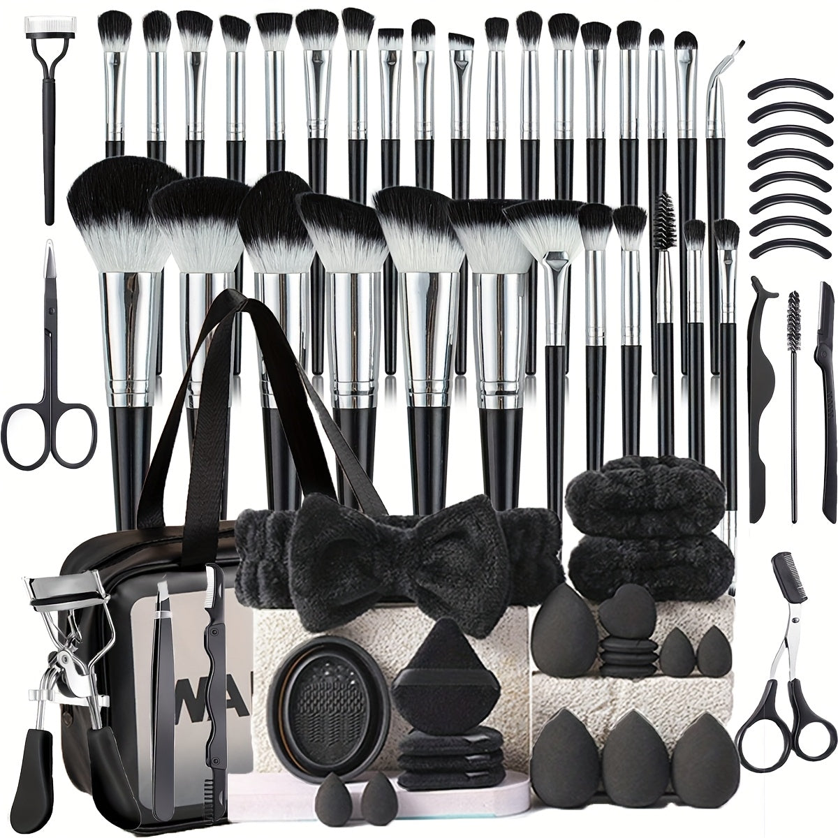 68PCS Makeup Tool Set 30 Black Brushes 17 Eyelash Tools with Wash Bowl & Bag – Complete Face Eye Lash Kit Foundation Contour Blush Eyeshadow