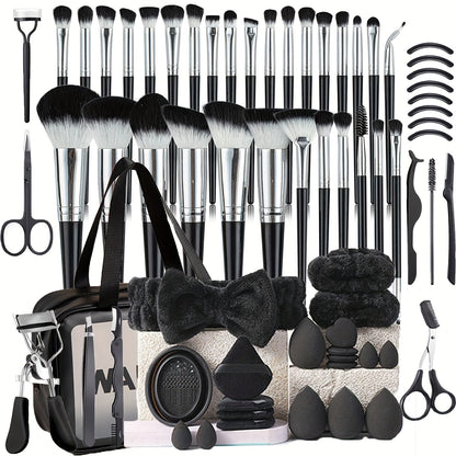68PCS Makeup Tool Set 30 Black Brushes 17 Eyelash Tools with Wash Bowl & Bag – Complete Face Eye Lash Kit Foundation Contour Blush Eyeshadow