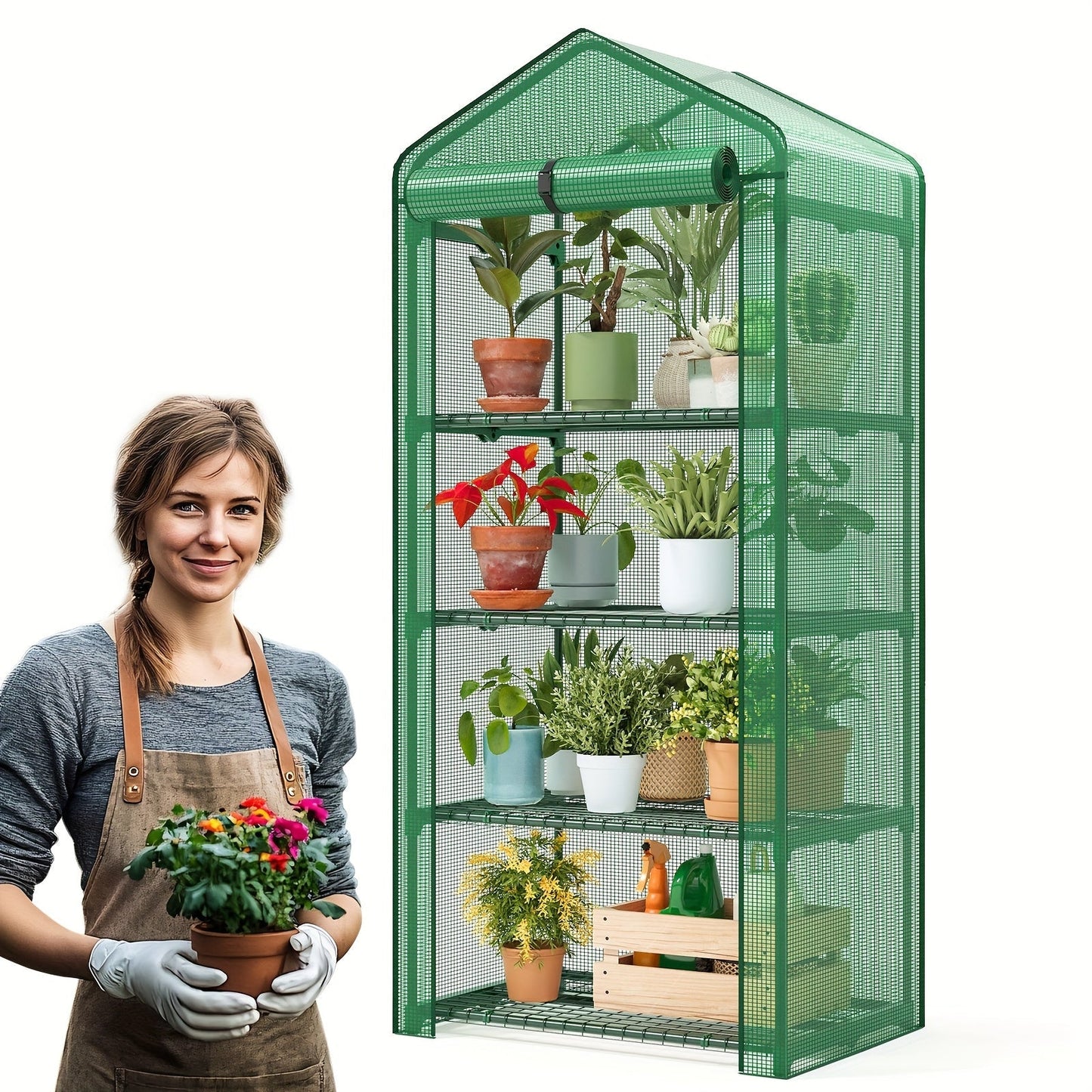 4 Tier Mini Greenhouse for Indoor Outdoor Plants, Portable PE Cover Greenhouse with Rack Stand for Seedlings