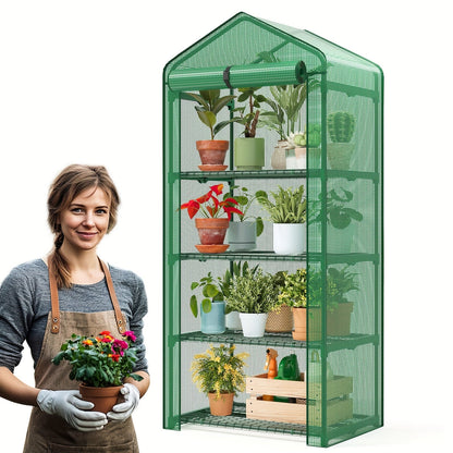 4 Tier Mini Greenhouse for Indoor Outdoor Plants, Portable PE Cover Greenhouse with Rack Stand for Seedlings