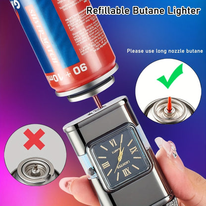 Double Flame Windproof Lighter Creative Retro Metal Lighter Dragon Eagle Gun Shape Quartz Dial Portable Outdoor Lighter Men Gift Box Butane
