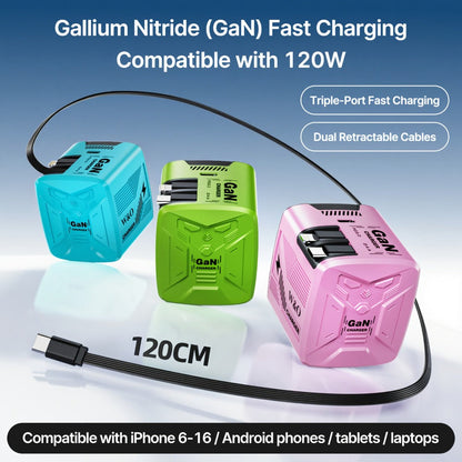 Dual Cable GaN Charger 120W with Built-In 47in Type-C & Lightning Retractable Cables, Foldable Plug – Tangle-Free Fast Charging USB-C Wall