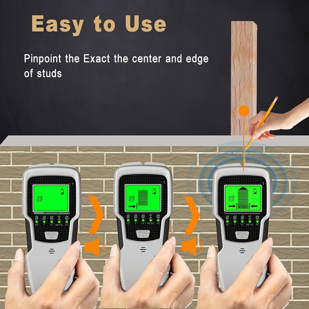 Stud Finder Wall Scanner 5-in-1 Electronic C75, LCD Display Audio Alarm Detects Wood Studs AC Live Wire Metal Pipes Joists