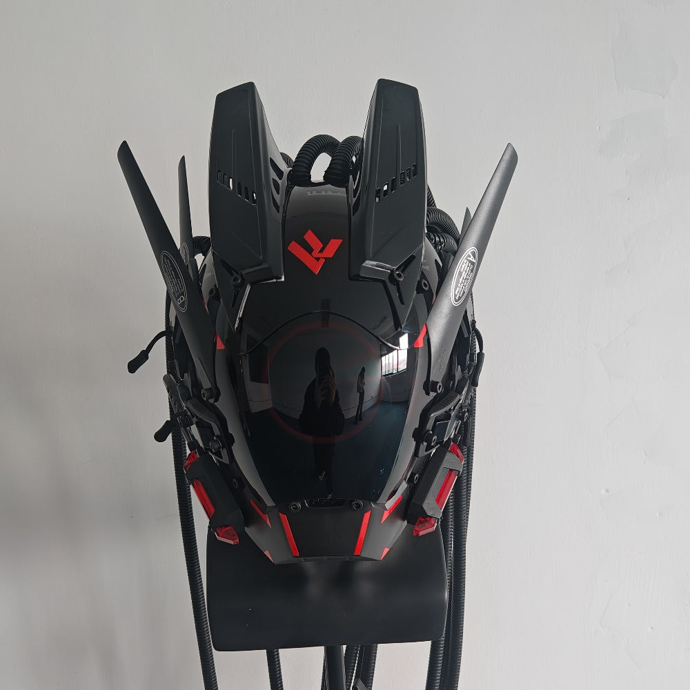 LED Cyberpunk Samurai Mask with Braids, Futuristic Sci-Fi Mechanical Face Mask for Halloween, Cosplay